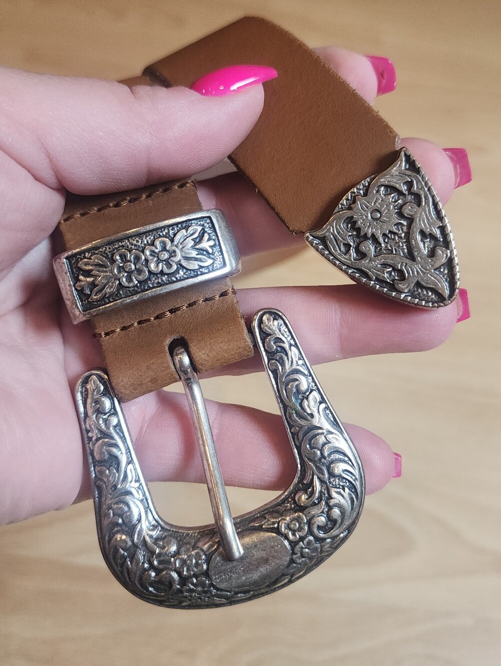 Yourturn Genuine Leather‎ Brown Belt Silver Floral Metal Buckle 37" Total Length